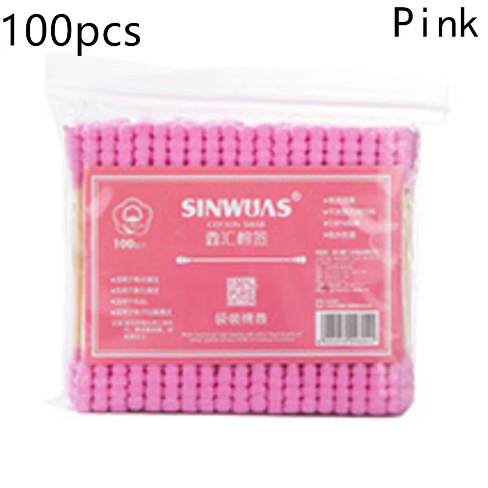 Pink 100 шт./лот, ватные палочки с двойной головкой, женские ватные палочки для макияжа, наконечник для медицинских деревянных палочек, чистка ушей в носу, инструменты для ухода за здоровьем - Цвет: Pink