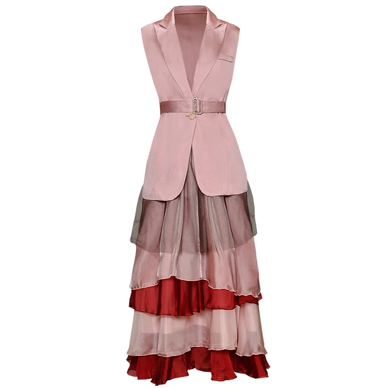 

Red RoosaRosee Designer Two Piece Set Women Turn-down Collar Sleeveless Jacket + Elastic Waist Skirt Female Suit Fashion 2019