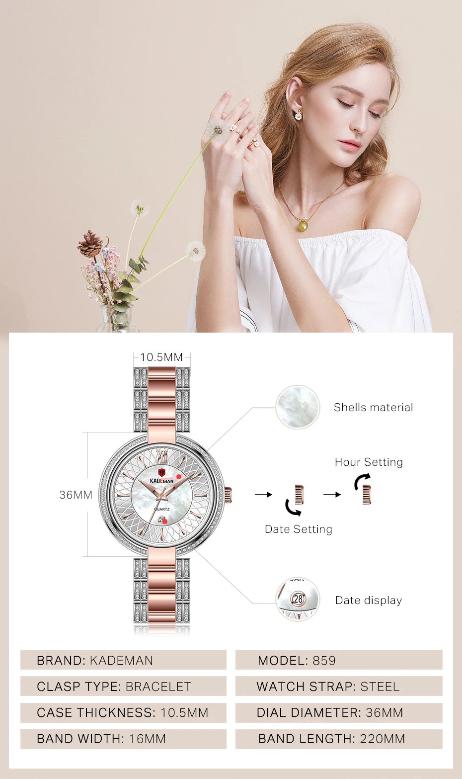 Новое поступление Топ люксовый бренд Kademan женские кварцевые часы модные женские наручные часы с кристаллами и бриллиантами водонепроницаемые Montre Femme 859L