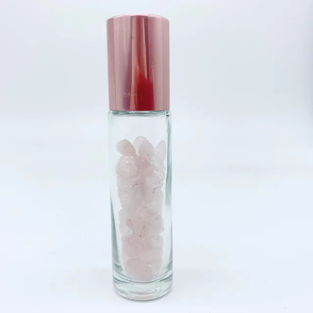 10pcs Rose Quartz Roller Bottle 5ml 10ml Pink Glass Essential Oil Bottle Refillable Travel Bottles Natural Gemstone Pink Crystal clear with crystal