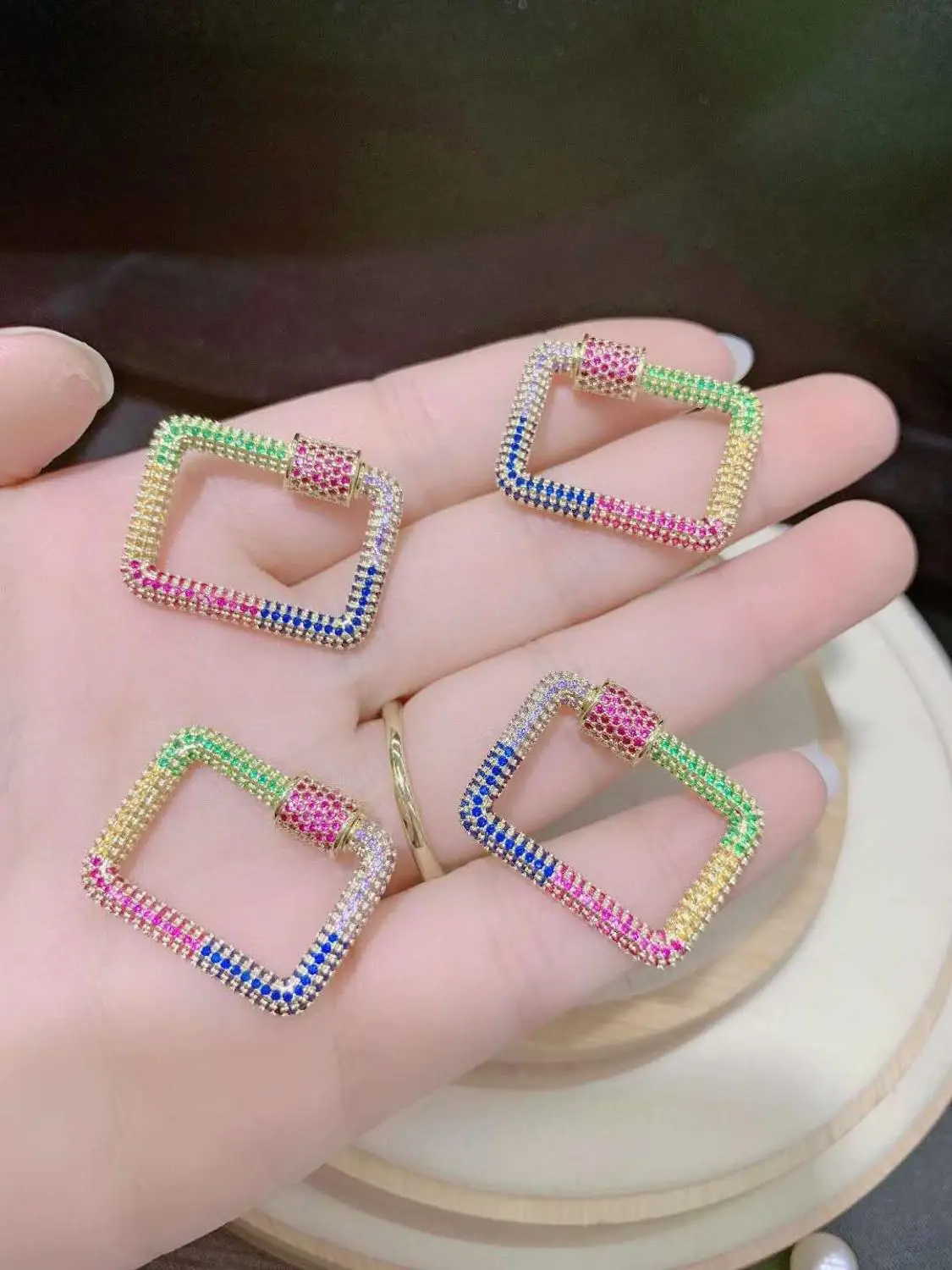 2pcs Rectangle Shape Cubic Zirconia CZ Micro Pave Lock Screw Buckle Clasps Necklaces