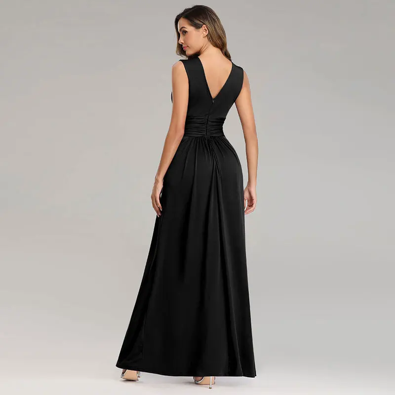 Beauty Emily Flexible V Neck Chiffon Evening Dresses Long Sleeveless Plus Size Open Back Pleated Formal Prom Gowns for Party