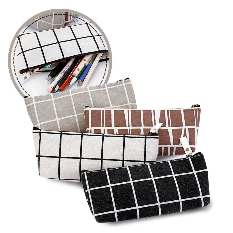 

Simple Striped Canvas Pencil Bag, Creative Male And Female Student Pencil Case, Grid Kawaii Pencil Bag Office Student Supplies.