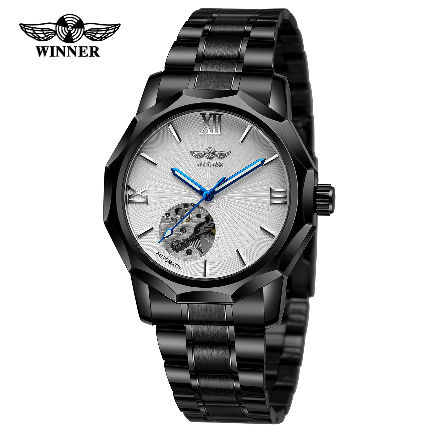 

WINNER Men Mechanical Watches Automatic Self-Wind White Transparent Fashion Mesh Steel Skeleton Wristwatch Relogio Masculino