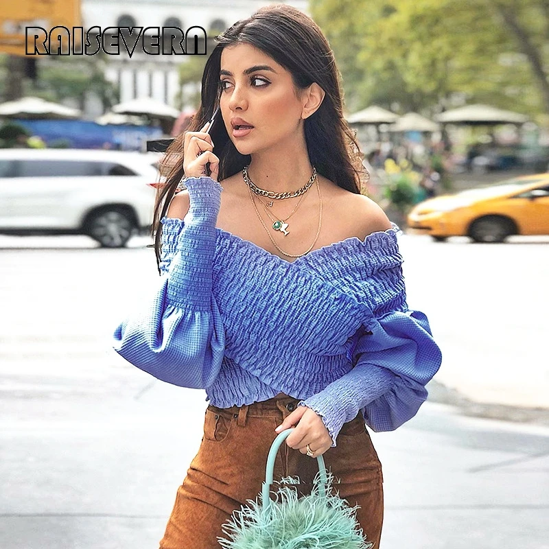 Элегантная Офисная Женская блузка с рукавом-фонариком рубашка открытыми плечами