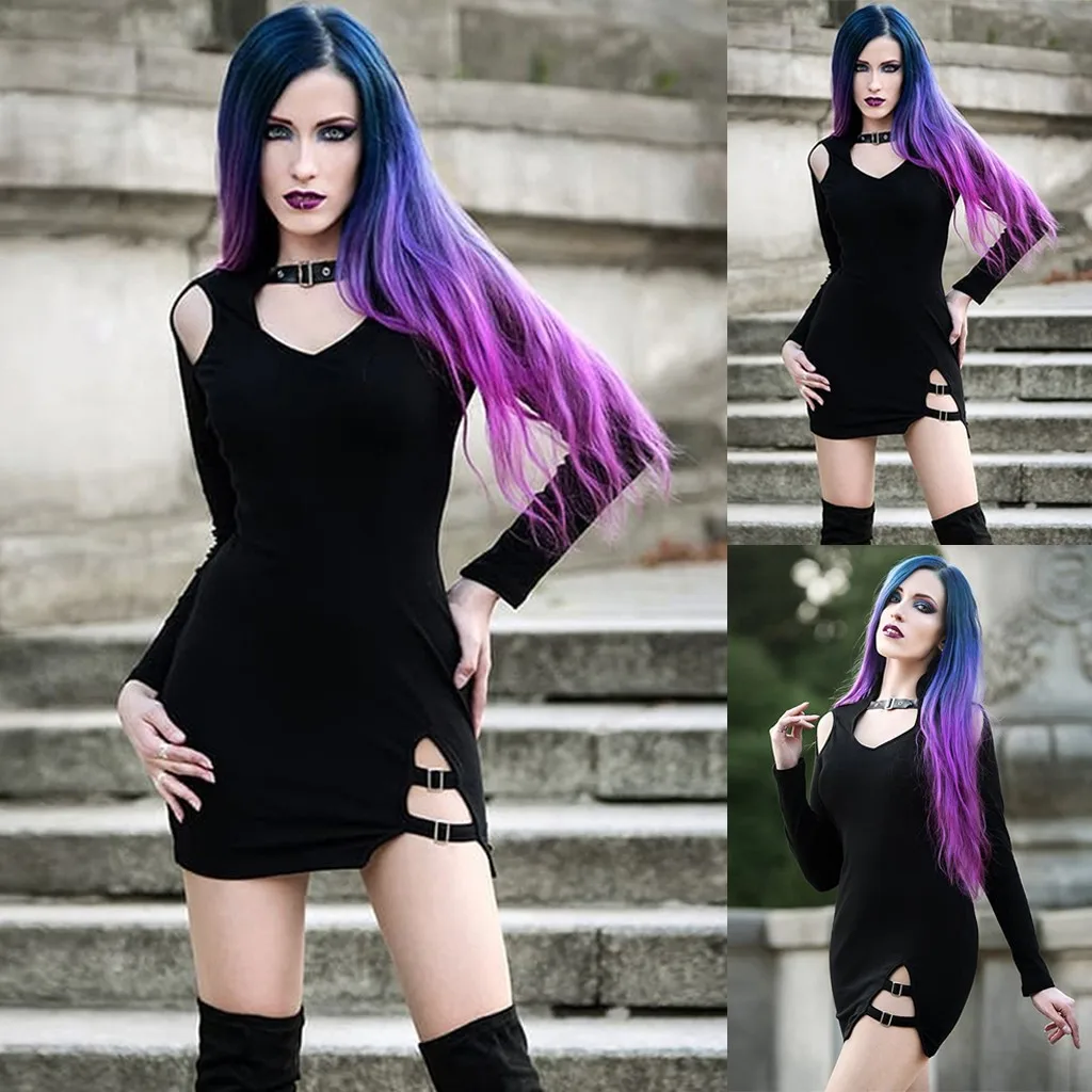 

Sexy Women Dress Goth Autumn Casual Fitness Black Streetwear Girl Sexy Pleated Hollow Bodycon Dress Mini Dresses@5