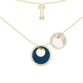 

luxurious Brand Solid 925 Sterling Silver Round Navy Enamel and White Nacre Two Pendants Necklace Women Fashion New Jewelry