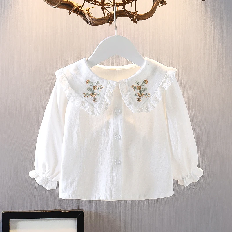Embroidery Long Sleeve Children Shirts Cotton Girls Blouse for Kids Spring Cute Toddler Lace Tops Clothing 12M-8Y | Мать и ребенок