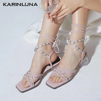 

Karinluna Brand New Trendy Insole Sheepskin Gladiator Clear Heels Party Leisure Women Shoes Sandals