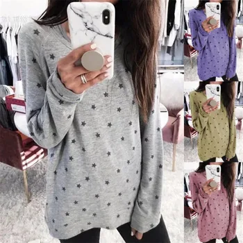 

Women Sweet Star Printed Long Sleeve Round Collar Loose Autumn Bottoming T-shirt Size S-5XL O-neck Casual Full Regular