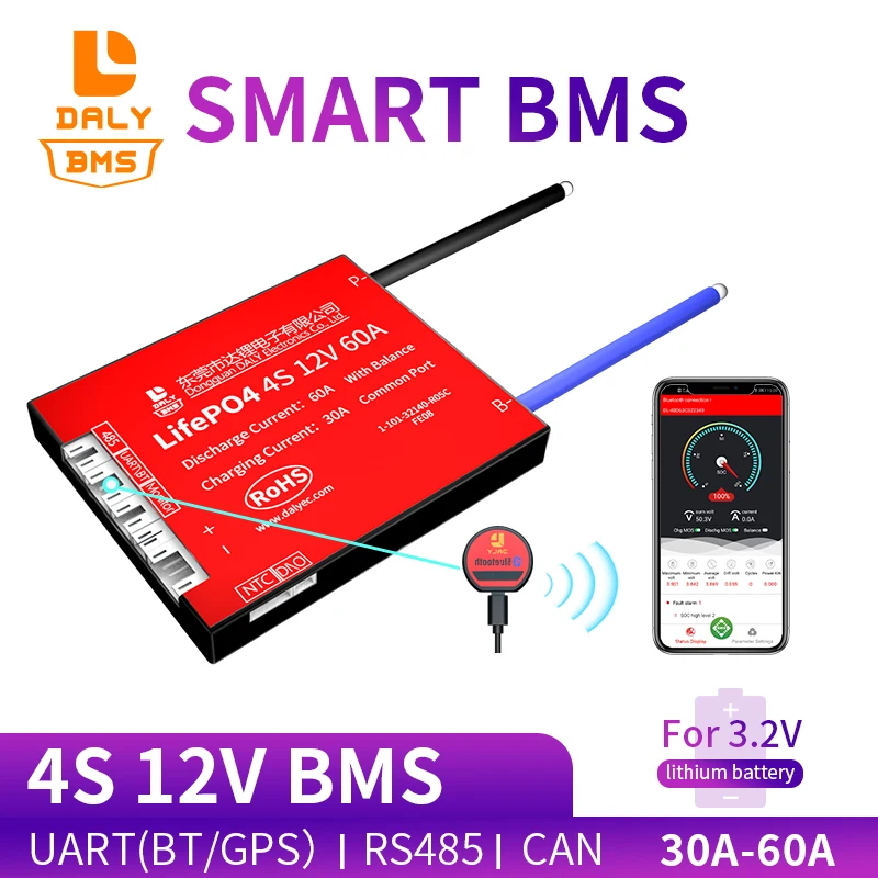 Daly smart 3 2 V 18650 BMS LiFePO4 4S 12V 30A 40A 50A 60A с Bluetooth UART RS485 CAN NTC функция|Аксессуары для батарей|