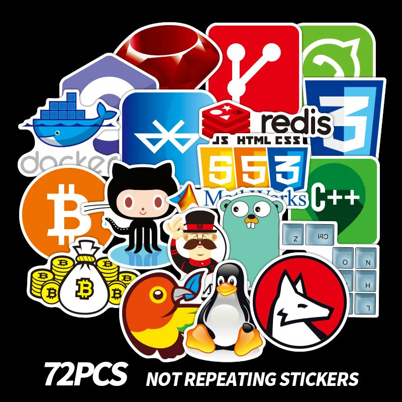 72Pcs Programmer Software Stickers Personality Laptop Luggage Car Stickers Skateboard Suitcase Stickers Waterproof Stickers