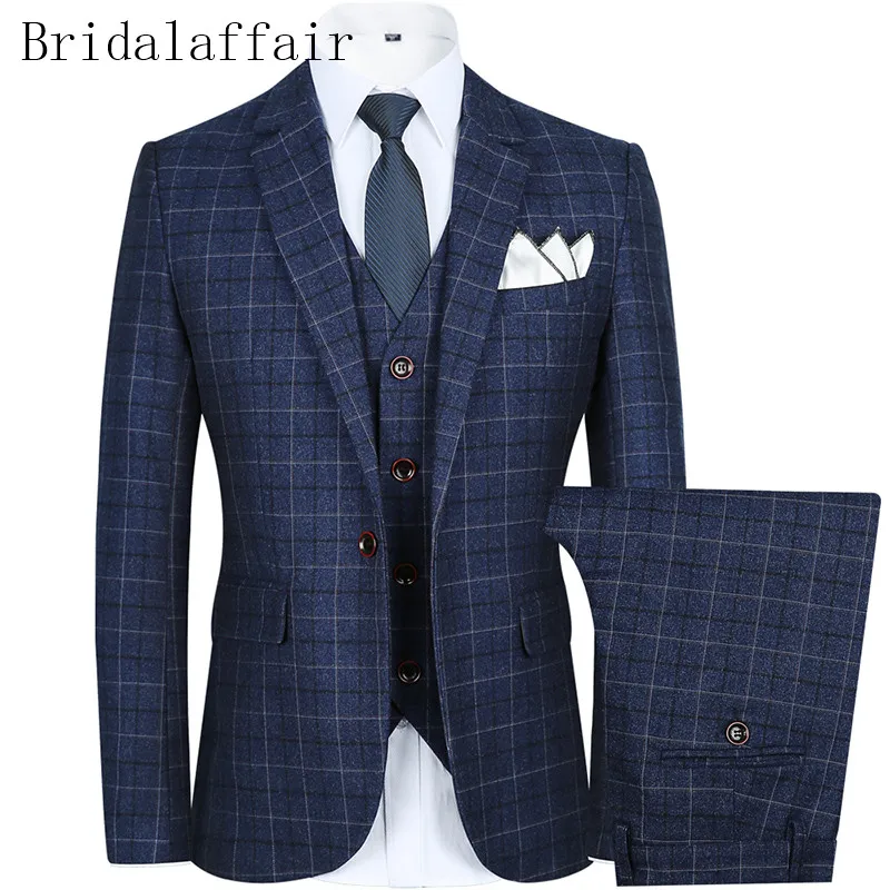 KUSON Three-piece Male Formal Business Plaids Suit for Men's Fashion Boutique Plaid Wedding Dress Suits 2 Colors Navy Grey - Цвет: navy