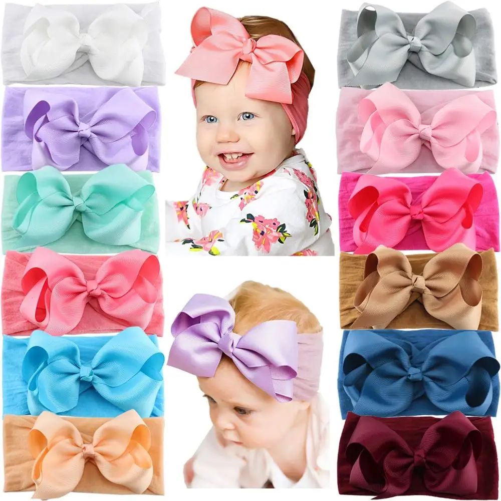 12PCS Baby Girls Grosgrain Ribbon Hair Bows Headbands 5Inch Bow Knotted Soft Nylon Hairbands Girls Turban Head Wrap for Infants embroidered lace bow hair clips toddler baby girls hair bow headbands soft thin nylon hairbands eyelet lace bow accessories