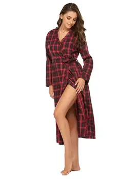 

Women Plaid Print V Neck Long Sleeve Long Night Robe Nightgown Sleepwear