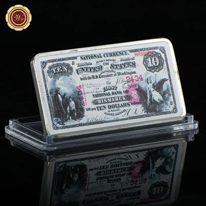1875 USD 10 WR качество 999. 24k посеребренный бар 10 долларов США цветной вызов слиток монета с чехол для коллекции - Цвет: 1875 USD 10