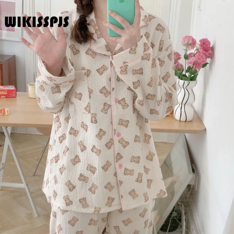 

WIKISSPJS 2022 Autumn New Korean Cotton Pink Bear Printed Pajamas Long Sleeved Trousers Set Women Lounge Wear Sleepwear