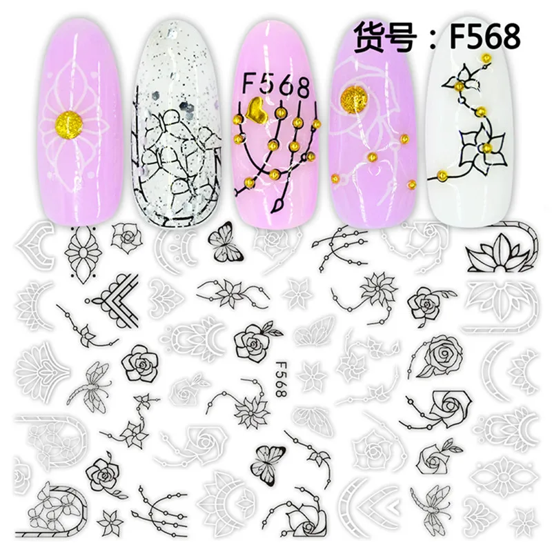 1 Sheet Nail Art Sticker Black Lace Flower Plant Butterfly Decal Slider Wraps Paper Foil Tip Tattoo Nail Fashion Decals F564