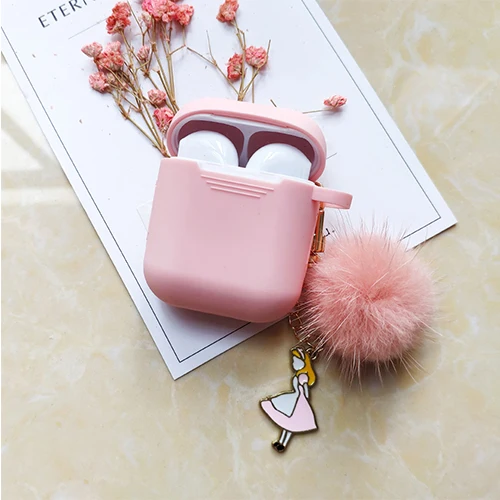 Cute Korean Mink Hair Ball Silicone Case for Apple Airpods Case Accessories Bluetooth Earphone Protective Cover Peach Key Ring