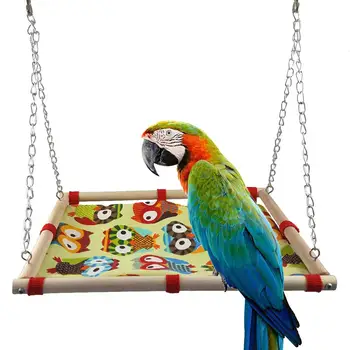 

1pc Parrot Swing Hanging Bed Wooden Frame Cartoon Owl Print Canvas Pet Bird Toy