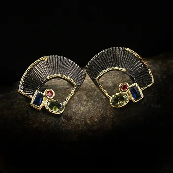 

CHARLINLIOL Retro Punk Black Gold Color Stud Earrings for Women 925 Sterling Silver Emerald Sector Earrings African Jewelry