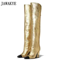 Осенне-зимние сапоги до колена; женские сапоги до бедра на высокой танкетке с перламутровыми камнями; золотые Сапоги выше колена; подиумная обувь;