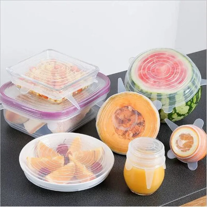 

6 Pcs/ Set Universal Food Cover Keep Fresh Reusable Silicone Caps Stretch Lids For Cookware Food Dish Pot Kitchen Accessories