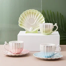 Mug Cartoons Trendy Dessert Cup Ceramics Water Bottle Kawaii Milk Cup Coffee Pearl Shell Shape With Saucer Home Breakfast Cup
