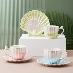 Mug Cartoons Trendy Dessert Cup Ceramics Water Bottle Kawaii Milk Cup Coffee Pearl Shell Shape With Saucer Home Breakfast Cup