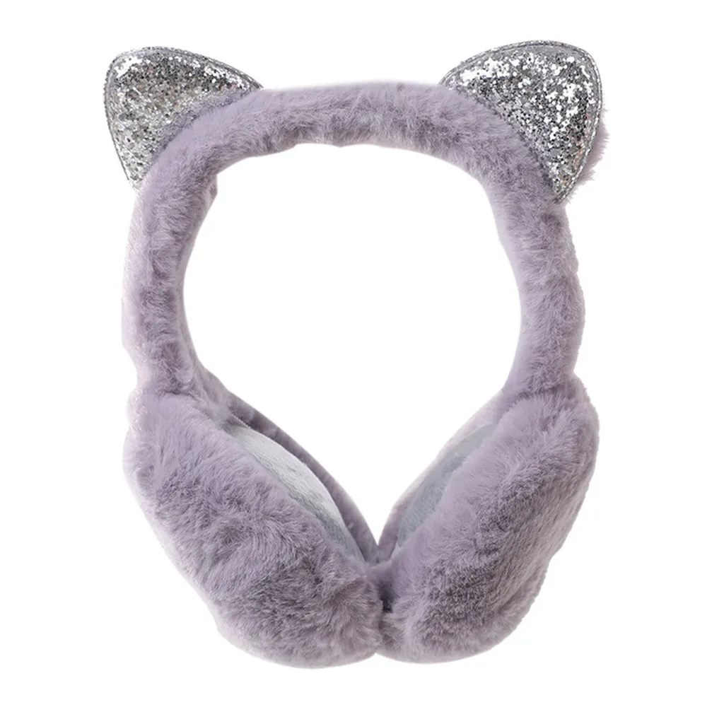

Women Winter Warm Cat Fall Sequined Solid Earmuffs Fur Ear Warmer Cartoon Windproof Women Girl Adjustable and Design Ears