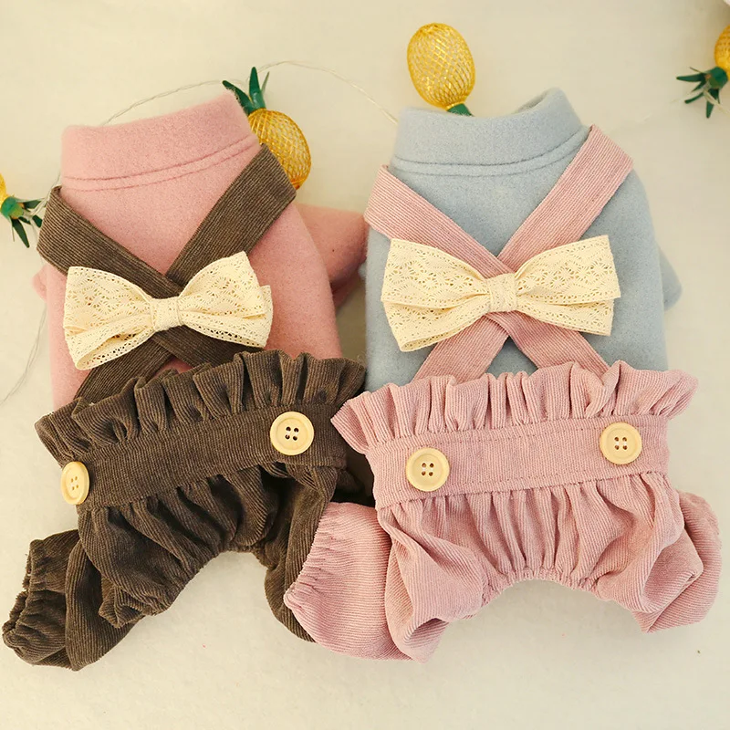 

Fashion Lantern Four Legs Pants Jumpsuits for Girls Dogs Bow Cute bib Dog Clothes Autumn and Winter Warm Pet Dog Cats Clothes