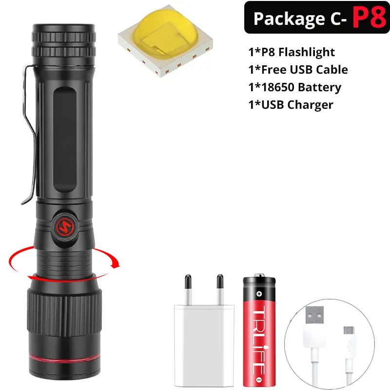 Package C-P8 Ультра перезаряжаемый светодиодный светильник-вспышка XHP70.2 XHP90, мощный фонарь, супер водонепроницаемый охотничий светильник с зумом, 18650 или 26650 Battey - Emitting Color: Package C-P8