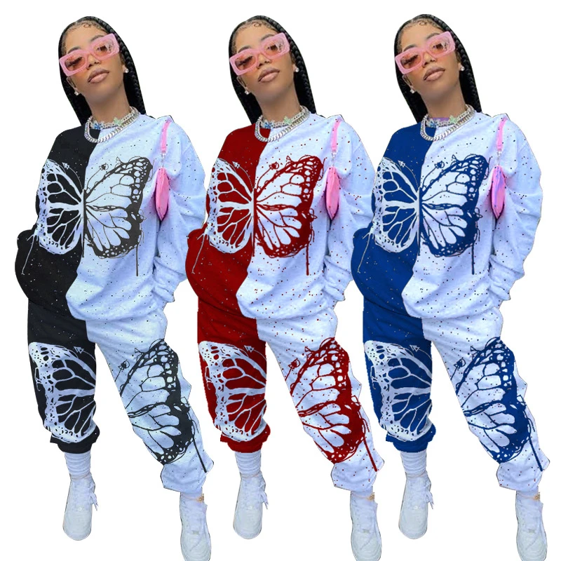 Plus Size Women Clothing 2 Piece Set S-5XL Full Sleeve Hoodie Sweat Suit Butterfly Print Cotton Tracksuit Wholesale Dropshipping | Женская