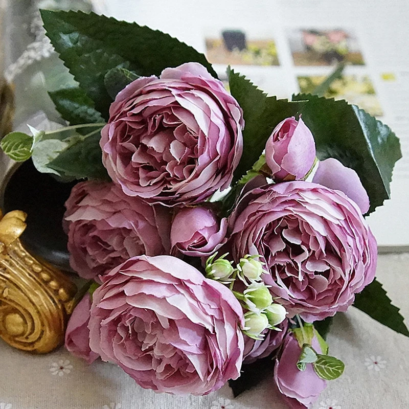 30 см красивые шелковые искусственные цветы с розами и пионами, букет с 5 Большими головками, 4 бутона, искусственные цветы для дома, вечерние, весенние, свадебные украшения - Цвет: Фиолетовый