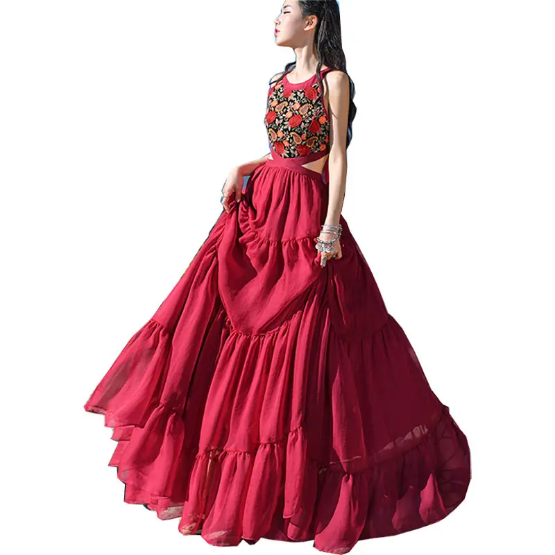 

2019 Summer Bohemia Halter-neck Vest Boho Pleated Red Chiffon Beach Long Dress Women / Elegant Ruffle Sexy Maxi Dress