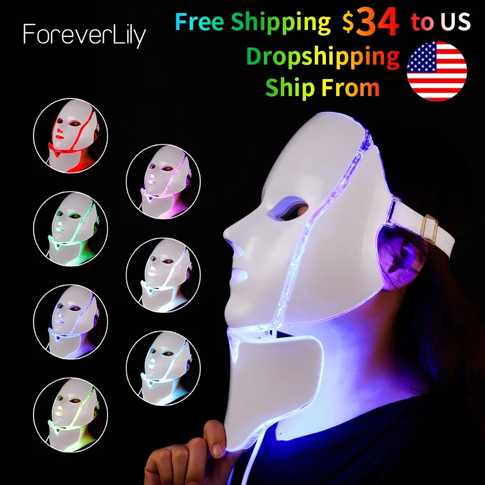 Tanie Najnowszy 3 7 kolory Photon Electric LED maska na twarz z szyi odmładzanie skóry Anti Acne zmarszczek zabieg kosmetyczny Salon użytku domowego