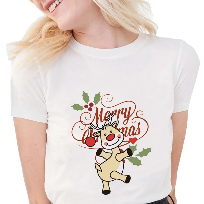 Merry Christmas t shirts women Kawaii graphic tees Soft Cotton white Tops happy New Year female T shirt