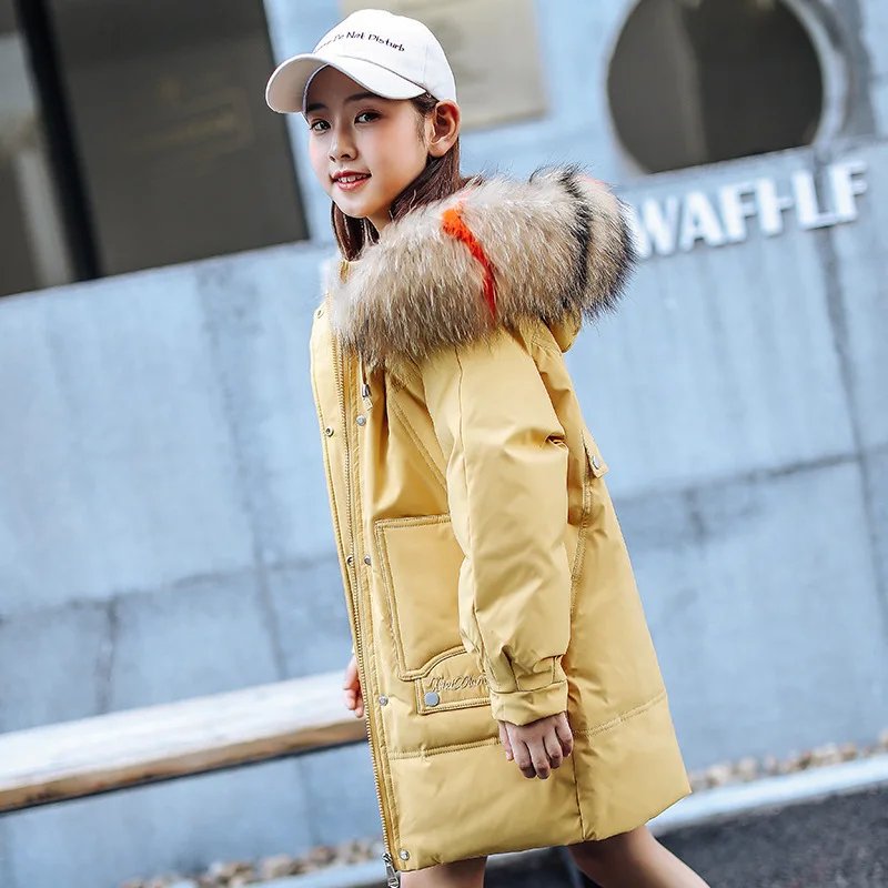 

-30 degrees Teenage Girls Winter Warm Down Parkas with Natural Fur Hood Zipper Jackets Fashion Casual Children Outerwear