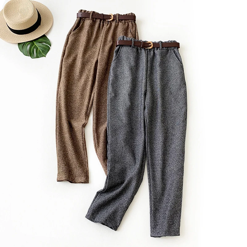 

Wasteheart Autumn Winter Women Fashion Gray Khaki Long Pants Harem Pants High Waist Female Pants Casual Plus Size Sashes Woolen