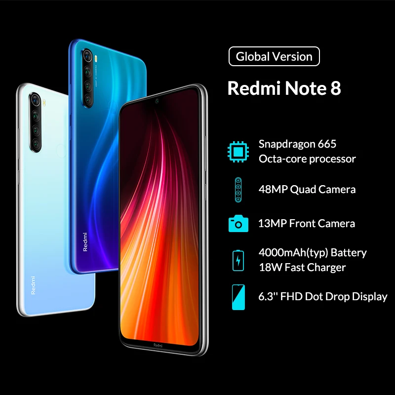 Глобальная версия Xiaomi Redmi Note 8, 4 Гб ОЗУ, 64 Гб ПЗУ, смартфон, 48мп, четырехъярусная камера Snapdragon 665, 6,3 дюйма, FHD+ мобильный телефон