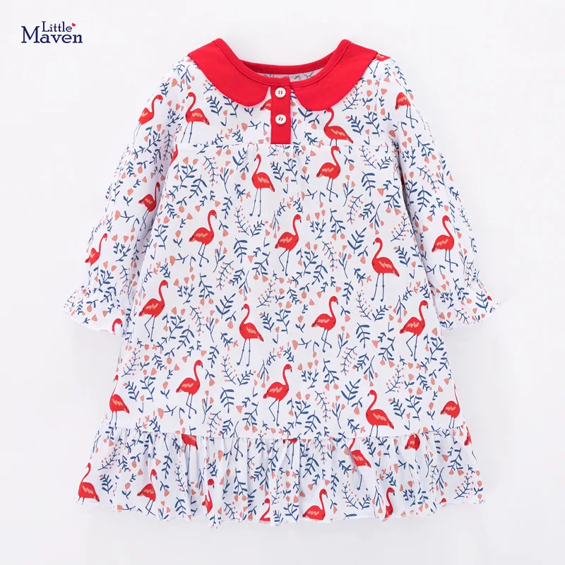 

Little Maven New Spring Autumn Kids Red Flamingo Floral Printed O-neck Girls 2-6yrs Full-sleeved Cotton Knitted Casual Dresses