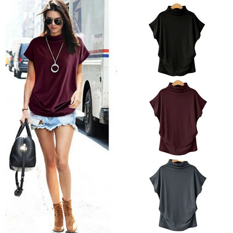 

FREE SHIPPING Women Casual Turtleneck Cotton Short Sleeve girl Solid Casual Blouse Top Shirt female Plus Size Solid clothing