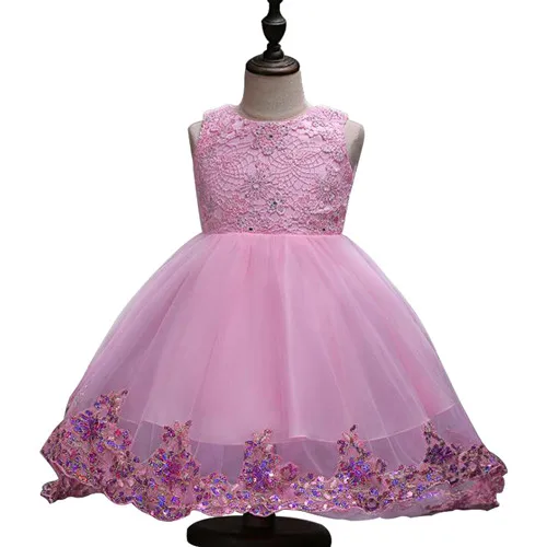 Розовый Нарядные платья со шлейфом для девочек; свадебное платье с цветочным узором для девочек; элегантная детская одежда принцессы без рукавов; цвет красный, белый, розовый - Цвет: Розовый