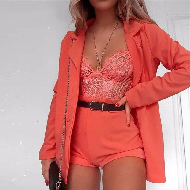 DRESSMECB, осенне-зимний женский комплект 2 шт. топ с v-образным вырезом и длинными рукавами и короткие штаны, комплект из двух предметов, сексуальный женский официальный повседневный комплект - Цвет: Orange