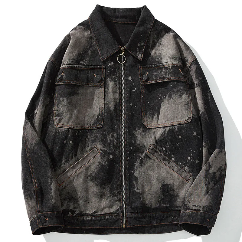MORUANCLE модные Для Мужчин's Марка NEW Fashion Hi Street чернила джинсовые куртки Винтаж печатных джинсовая куртка Верхняя одежда для детей в стиле ретро роспись Костюмы - Цвет: Черный