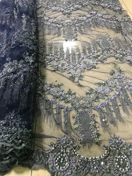 

high end handmade blue color embroidered net lace fabric with 3D flower JOY-3910 beaded african tulle lace for wedding dress f
