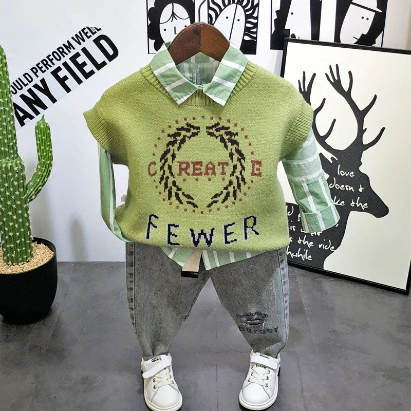 3pcs Комплекты одежды для маленьких мальчиков 2, 3, 4, 5, 6 лет, Повседневная рубашка в полоску с длинными рукавами, вязаный жилет с надписью, джинсы, детский спортивный костюм из 3 предметов, новинка года - Цвет: 3pcs