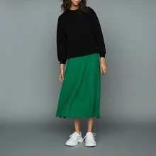 Европейский Стиль Женская юбка средней высоты CalfGeometric трапеция комплект пуловер+ кожаная юбка зеленого цвета Миди-юбки осень-зима