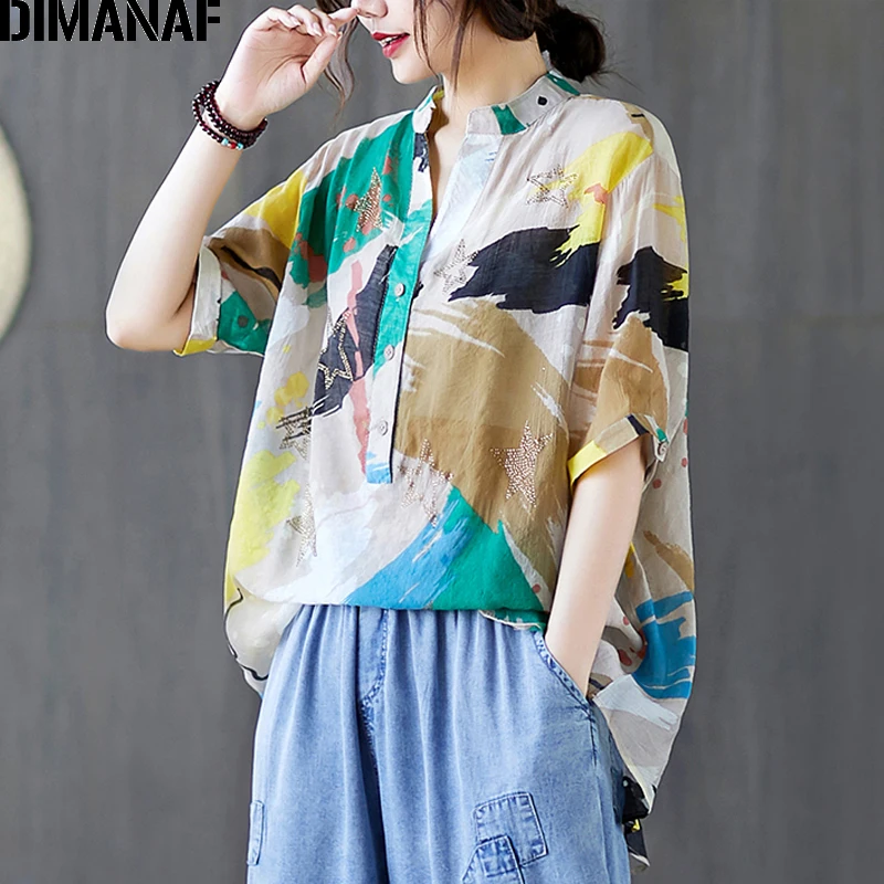 

DIMANAF Summer Plus Size T-Shirts Women Clothing Beach Style Lady Tops Tees Tunic Loose Cotton tshirt Print Shirt Button Beading