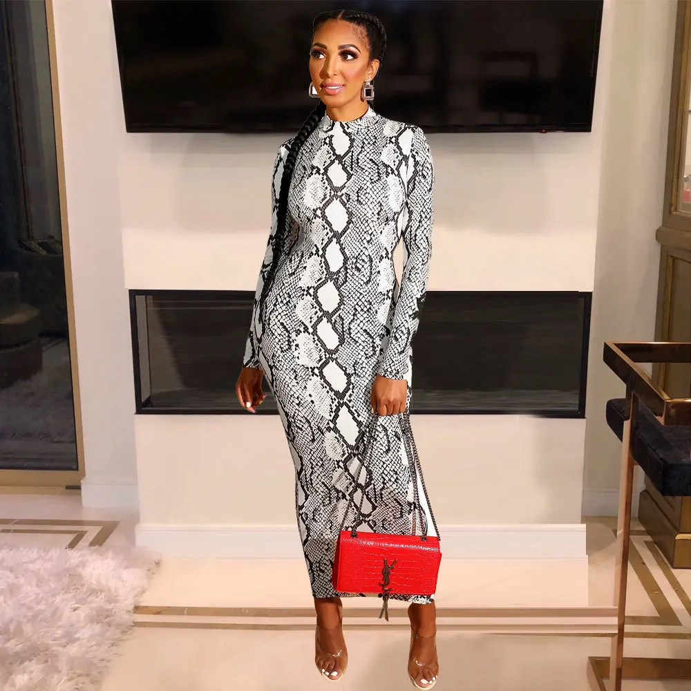 Sexy Snake Print  Autumn Winter Long Sleeve Bodycon Long Dress Evening Party Night Dress Women Vintage Vestidos Outfits Zipper